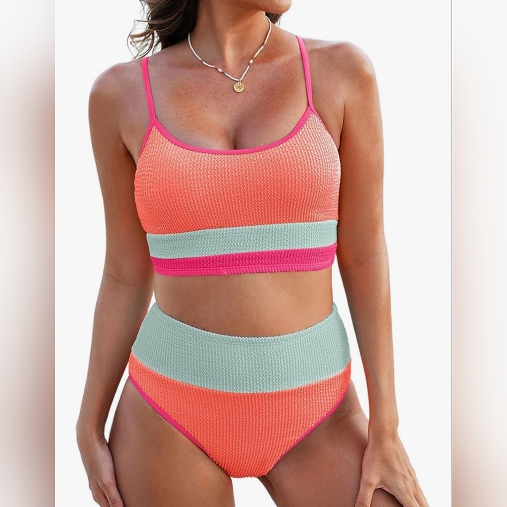 Chic Colorblock Bikini Set - Orange and Mint